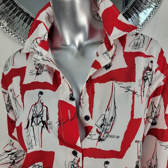NWOT~$89~KARL LAGERFELD~S/M/L~OVERSIZED RED WHITE BLACK BLOUSE SHIRT TOP - Picture 4 of 16